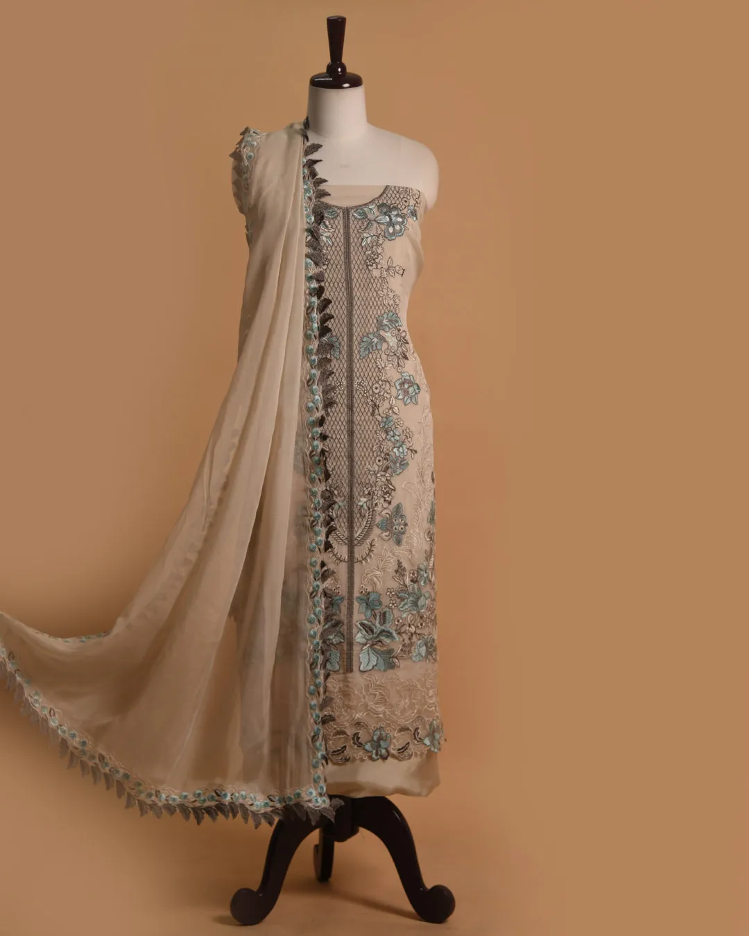 Beige Organza Blend Embroidered Unstitched Suit Fabric Set With Organza Dupatta