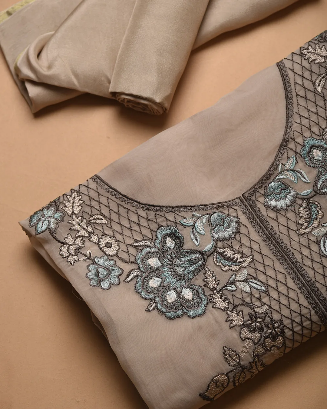 Beige Organza Blend Embroidered Unstitched Suit Fabric Set With Organza Dupatta