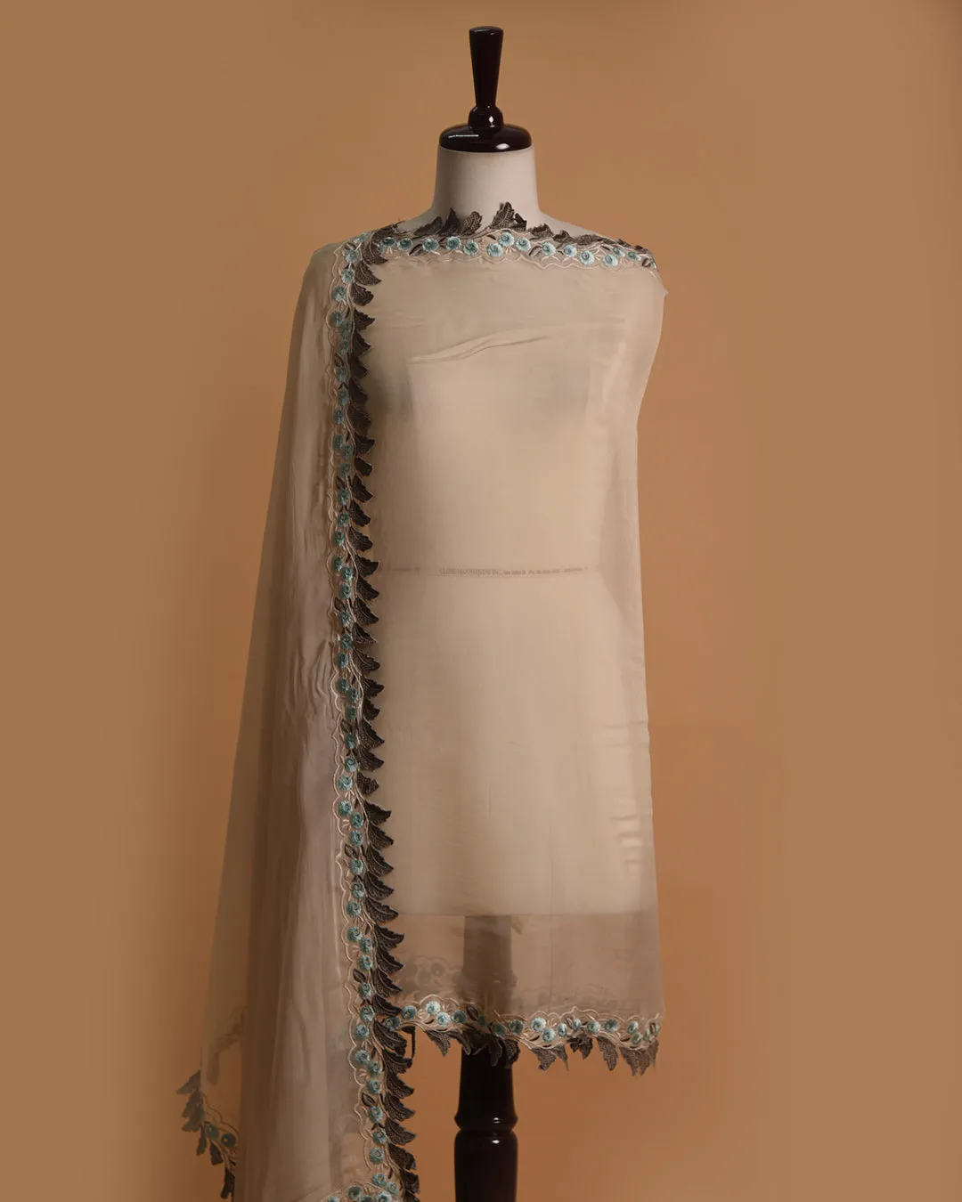 Beige Organza Blend Embroidered Unstitched Suit Fabric Set With Organza Dupatta