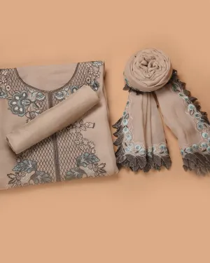 Beige Organza Blend Embroidered Unstitched Suit Fabric Set With Organza Dupatta