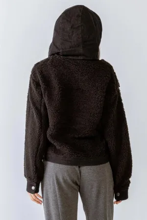 Black Button-Up Two Pocket Long Sleeve Hooded Teddy Jacket /2-2-2