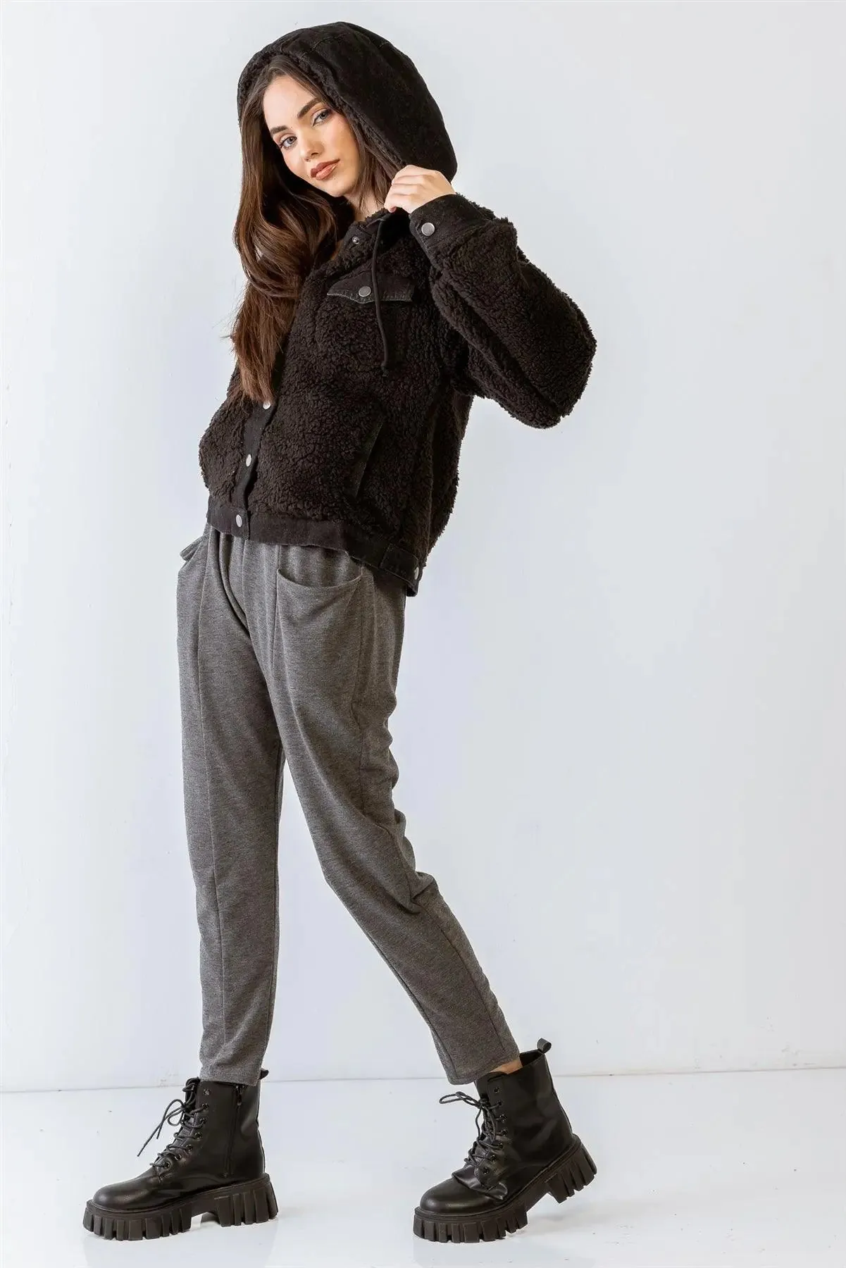 Black Button-Up Two Pocket Long Sleeve Hooded Teddy Jacket /2-2-2