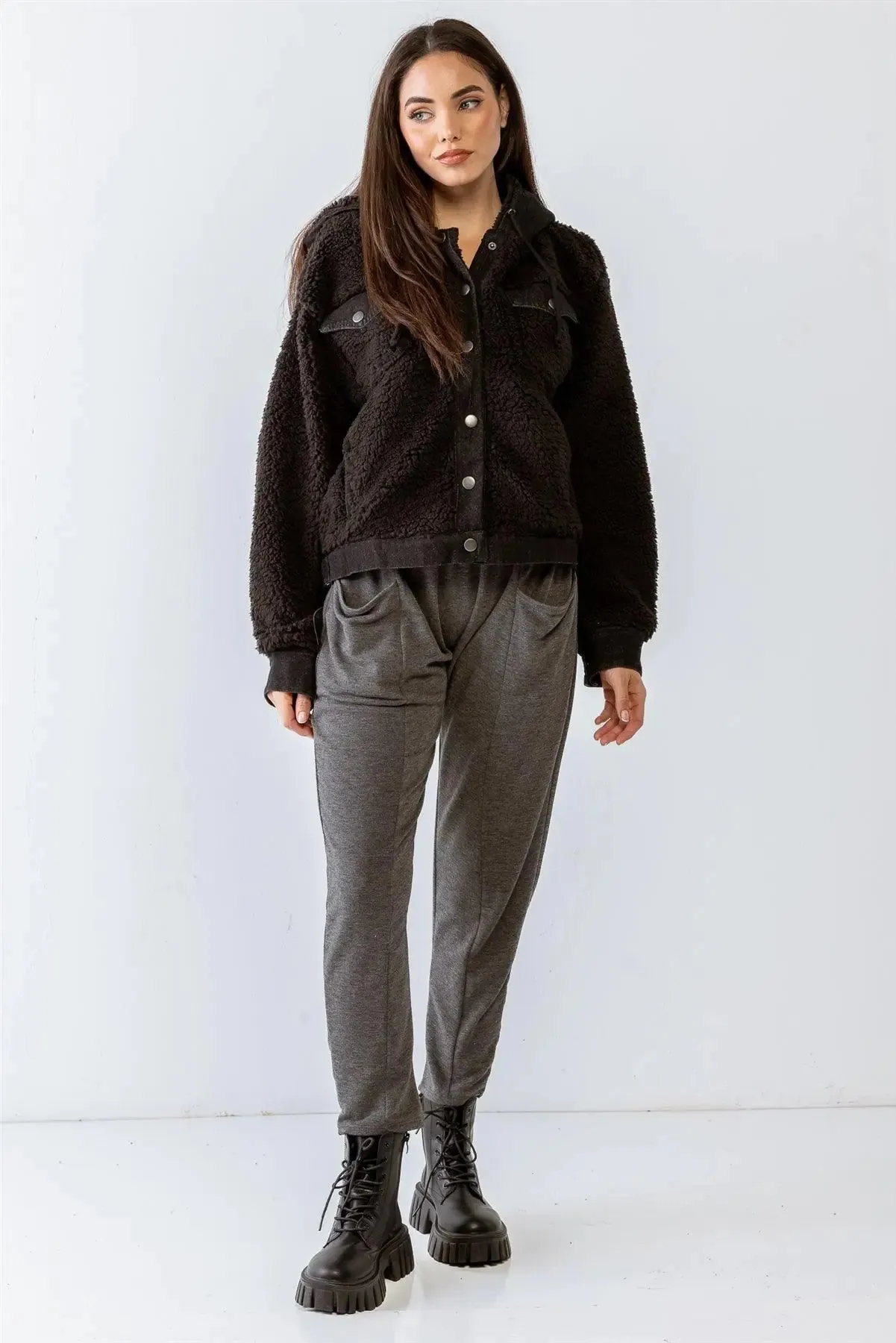 Black Button-Up Two Pocket Long Sleeve Hooded Teddy Jacket /2-2-2