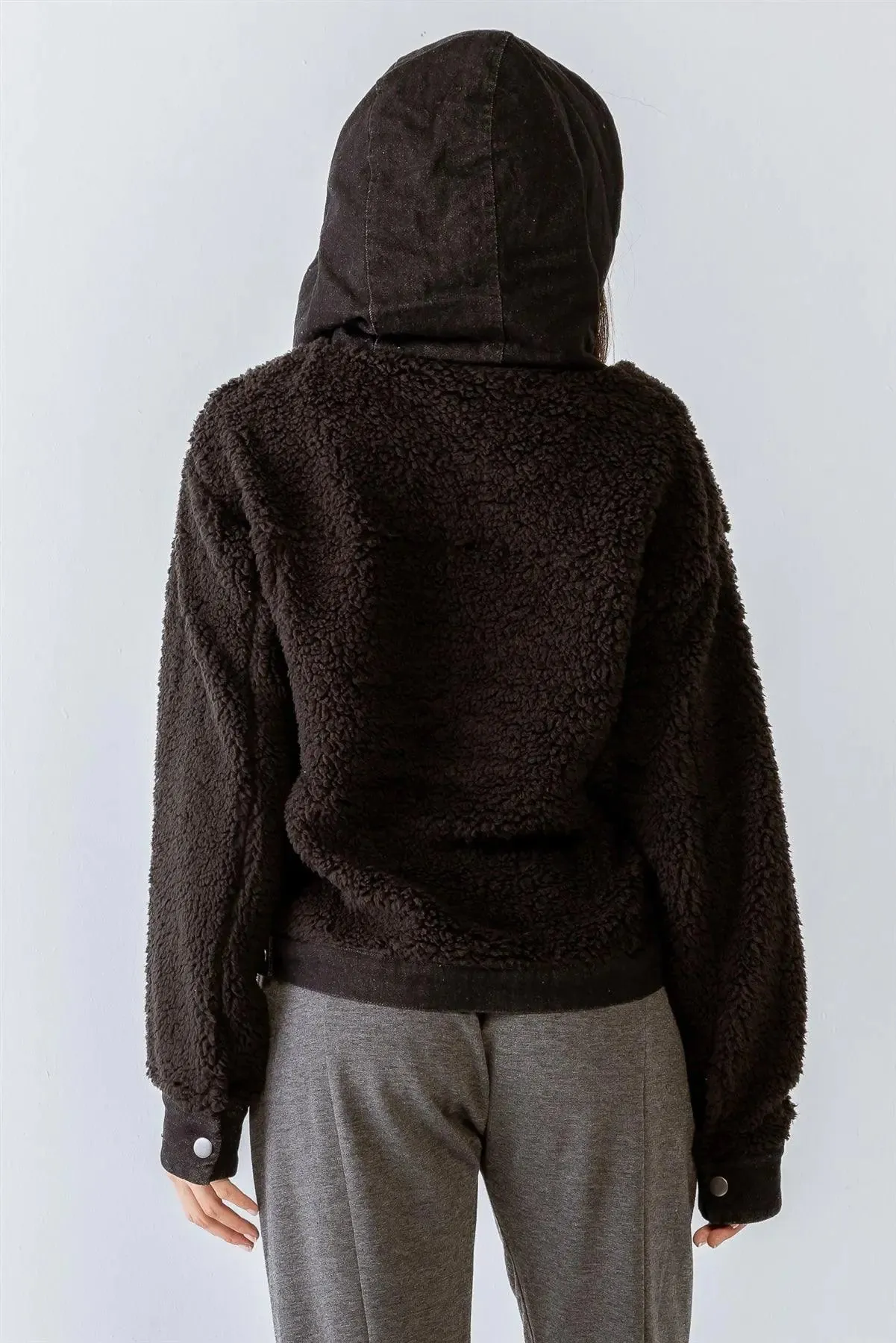 Black Button-Up Two Pocket Long Sleeve Hooded Teddy Jacket /2-2-2