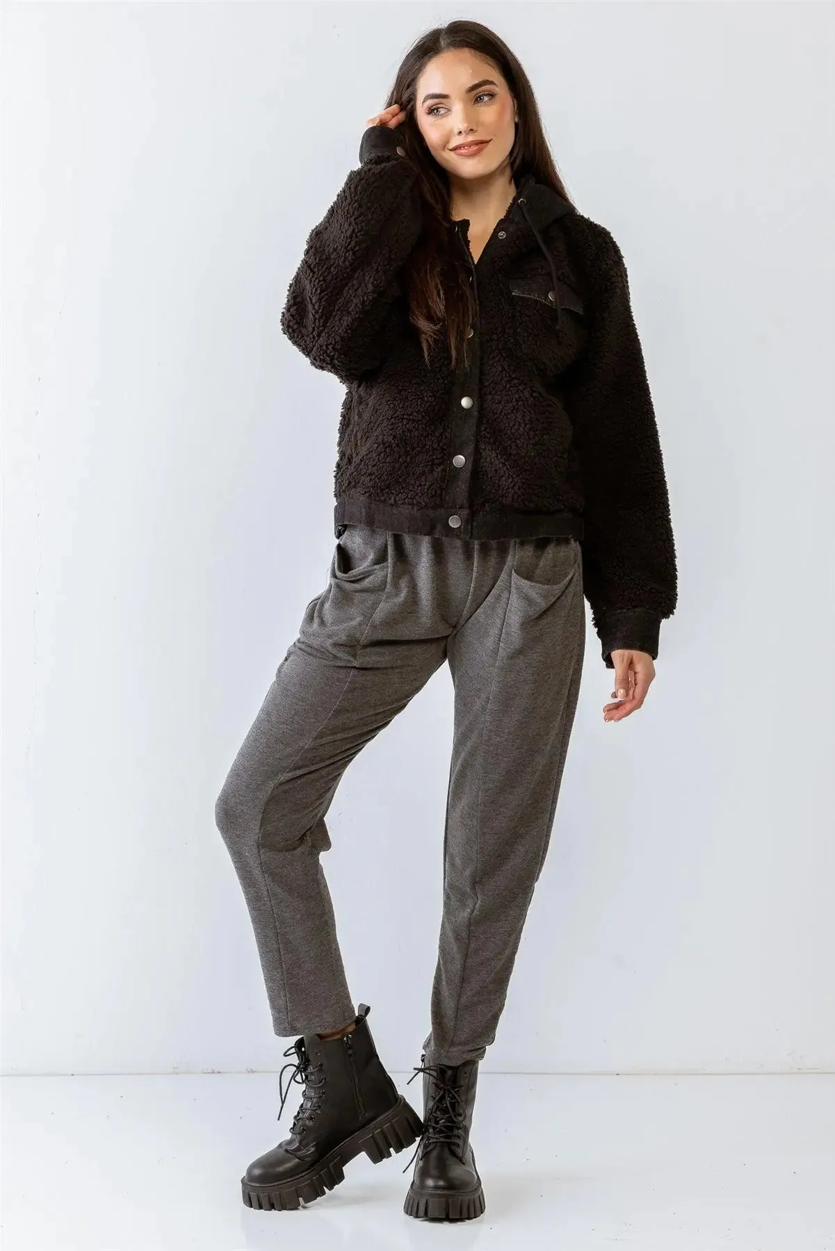 Black Button-Up Two Pocket Long Sleeve Hooded Teddy Jacket /2-2-2