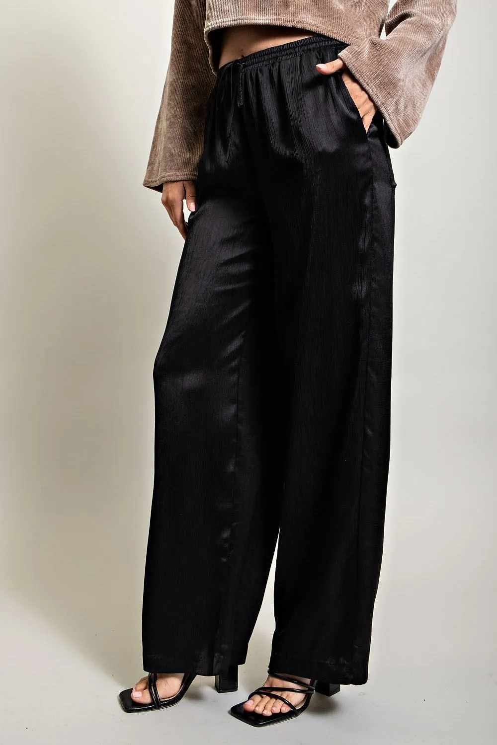 Black Elastic Waist Satin Pants