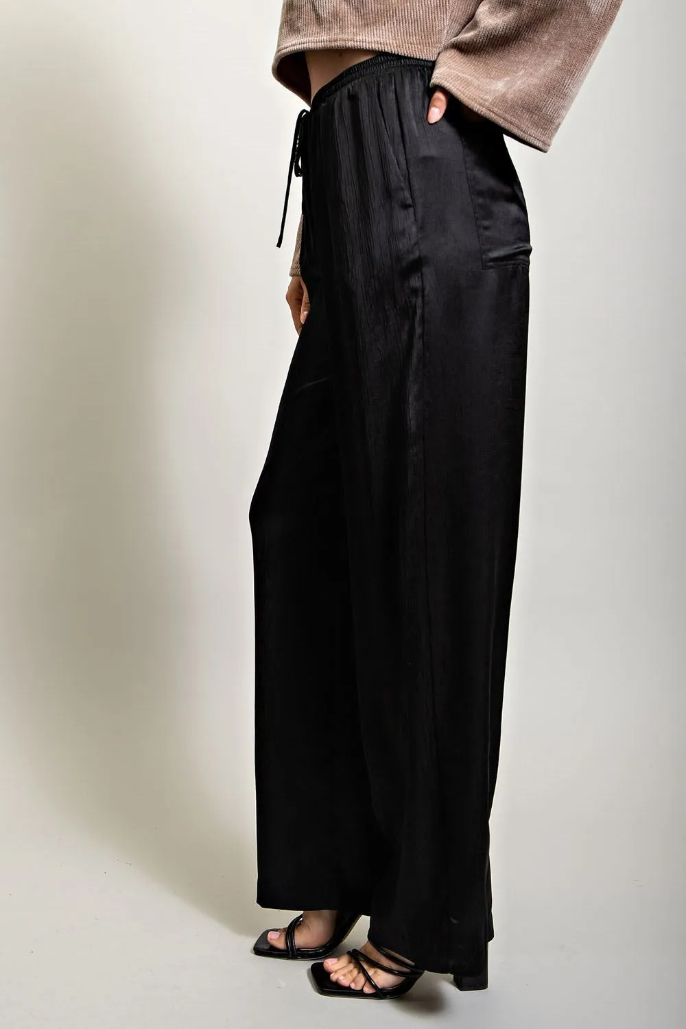 Black Elastic Waist Satin Pants