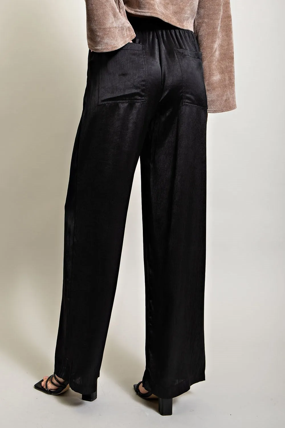 Black Elastic Waist Satin Pants