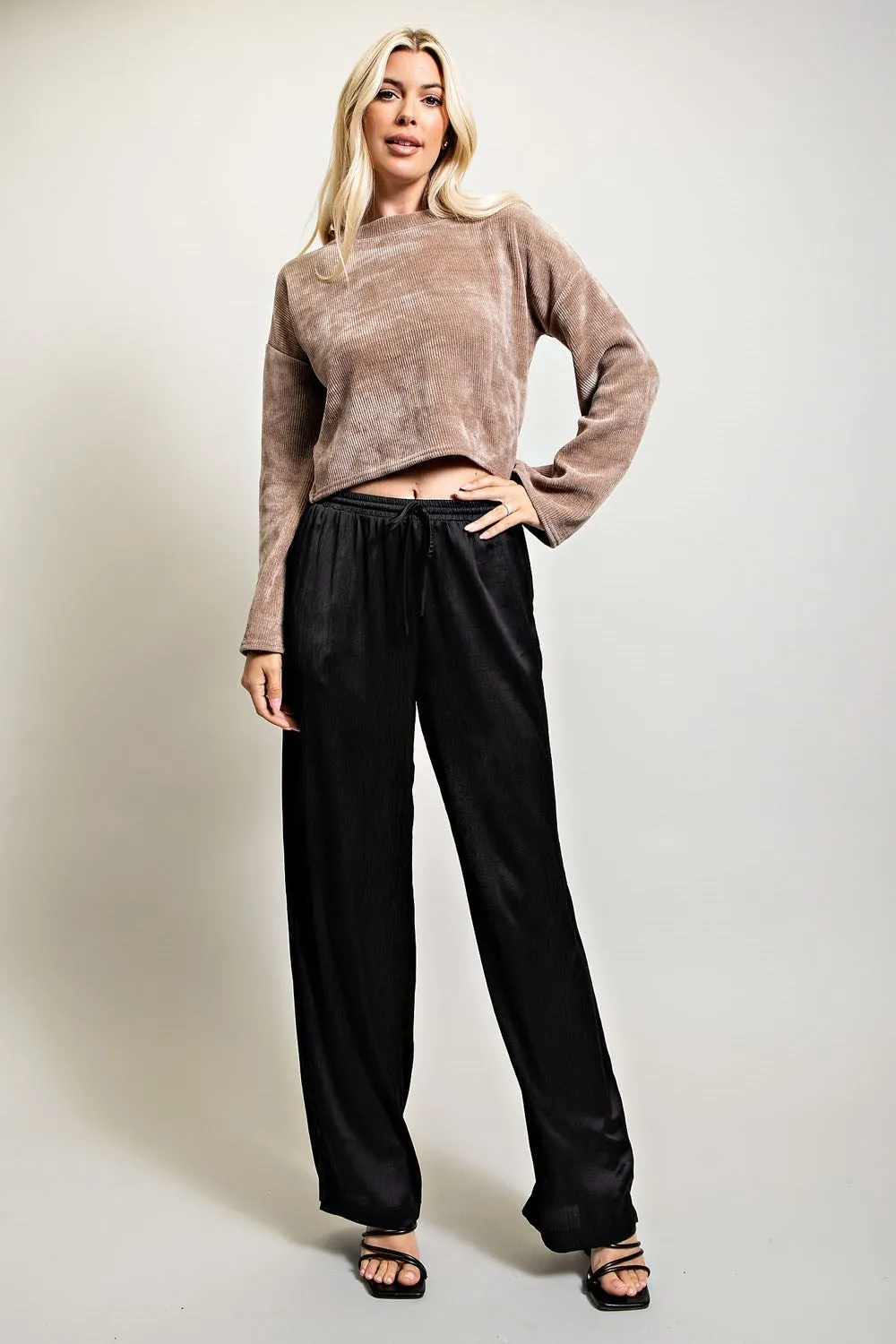 Black Elastic Waist Satin Pants