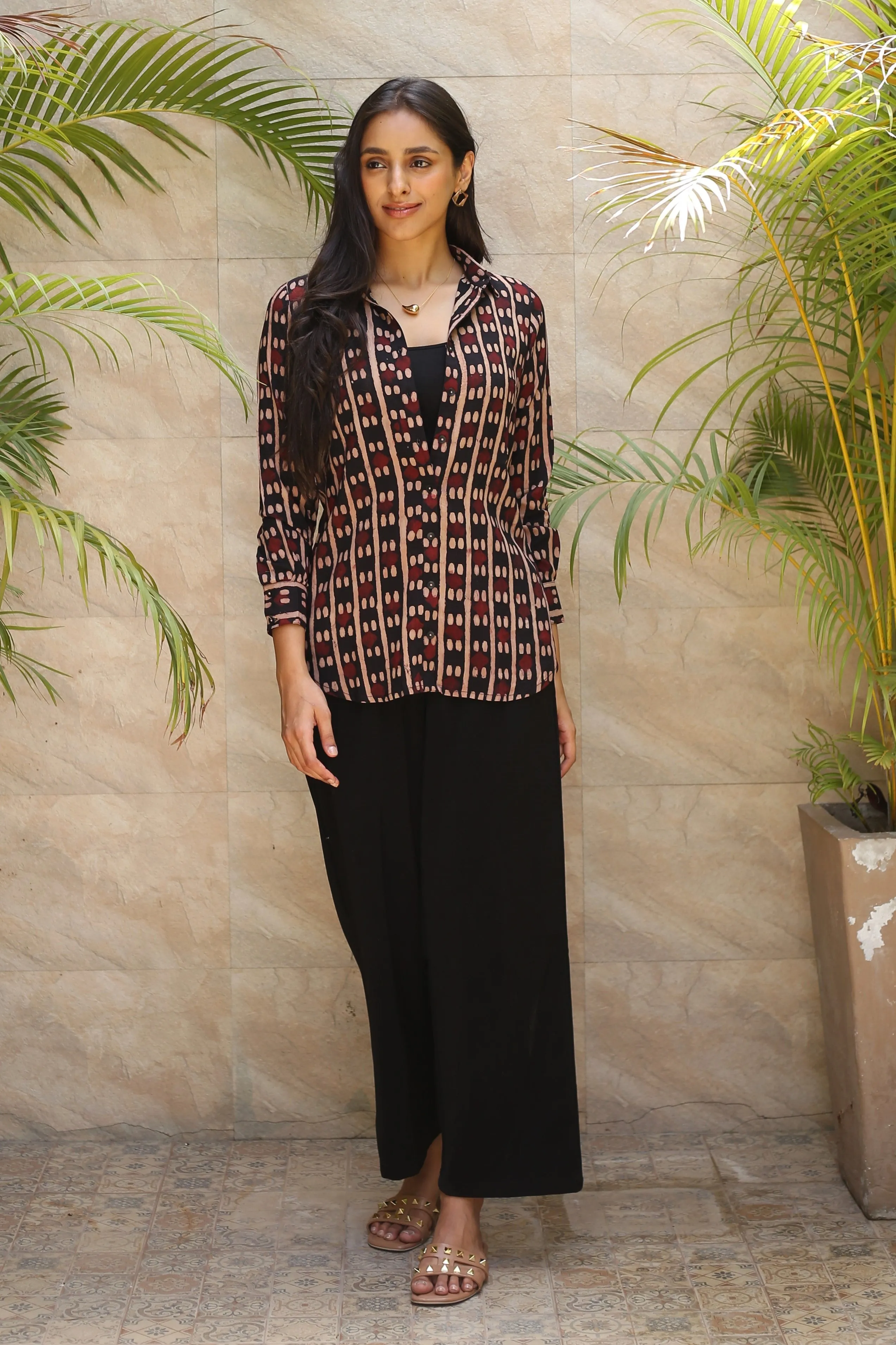 Black With Maroon Modal Hand Block Printed Ready To Wear Shirt