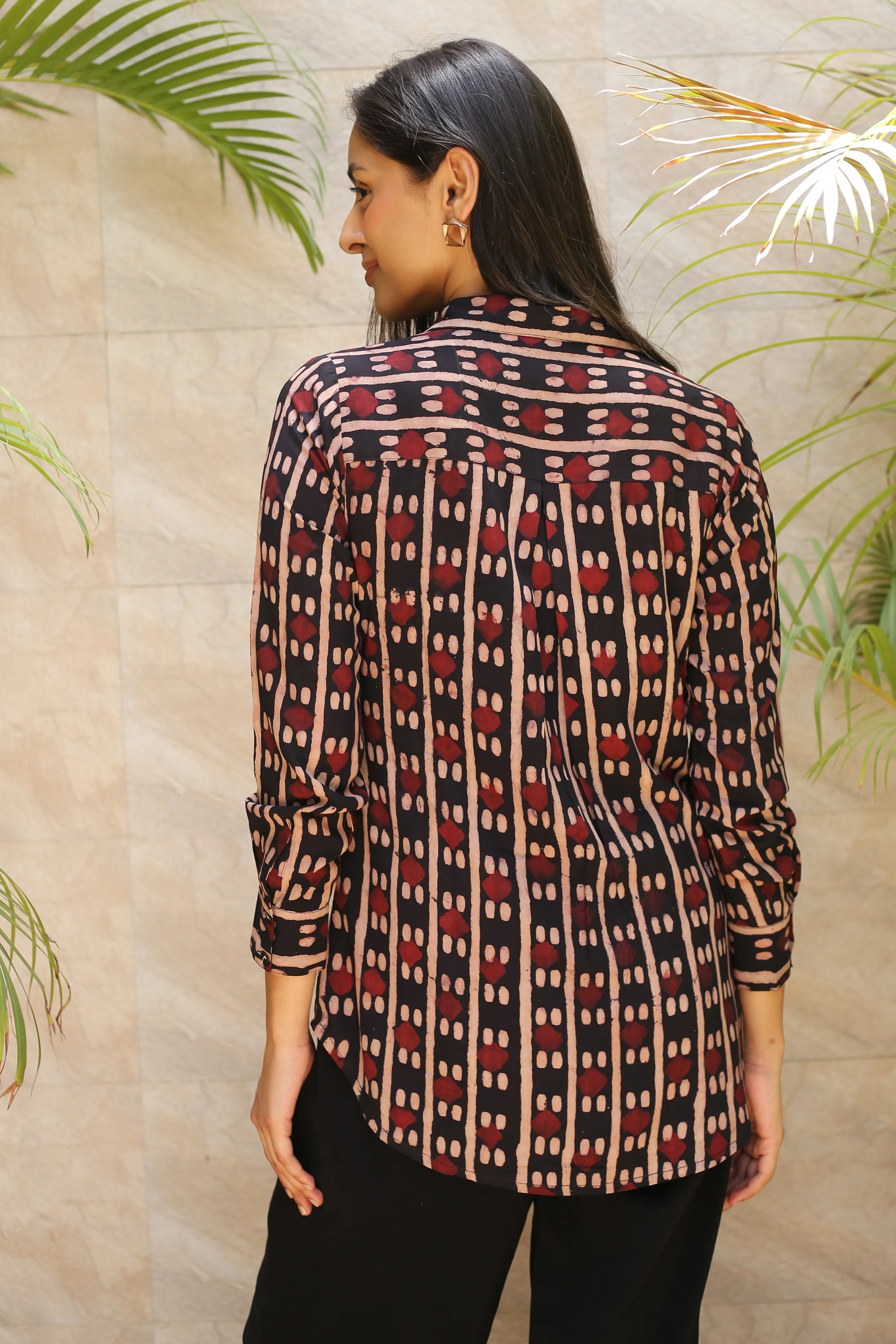 Black With Maroon Modal Hand Block Printed Ready To Wear Shirt