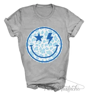 Blue Smiley Leopard Soft Style Tee/ Youth and Adult Sizes