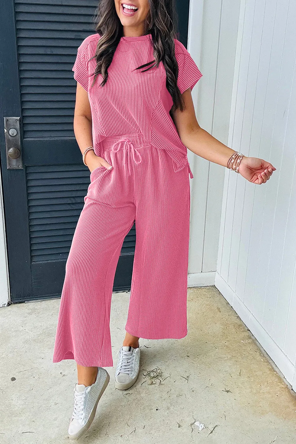 Bright Pink Solid Corded Knit Shirt and Wide Leg Pants Set