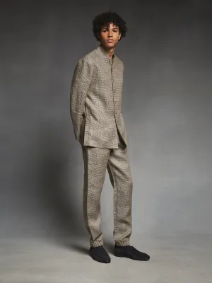 Brown Check Linen Mandarin Suit