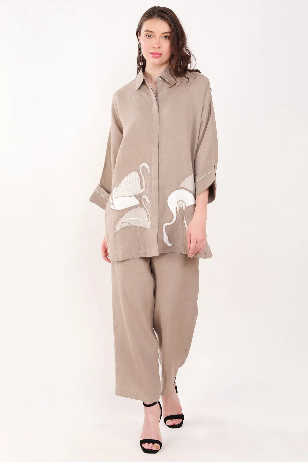 Brown Flamingo Embroidered Shirt
