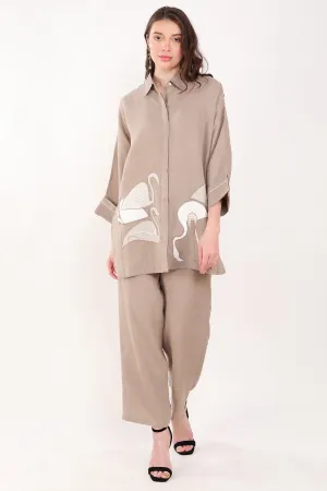 Brown Flamingo Embroidered Shirt