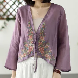 Buddha Stones Casual Embroidery Petals Long Sleeve Open Front Cardigan Jacket