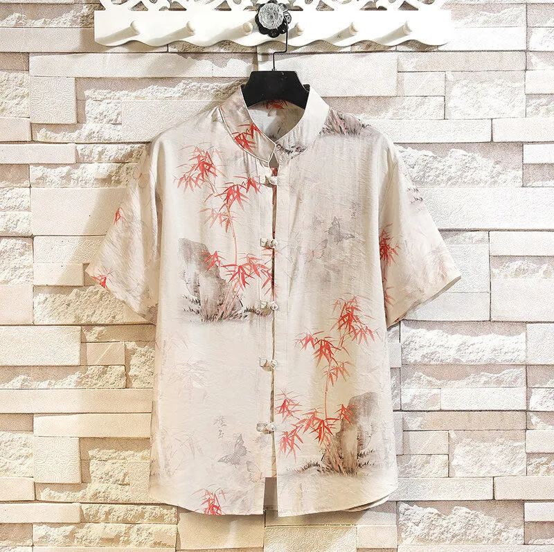 Buddha Stones Summer Bamboo Butterfly Pattern Frog-button Design Men's Shirt Jacket