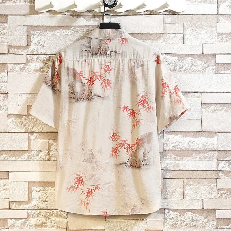 Buddha Stones Summer Bamboo Butterfly Pattern Frog-button Design Men's Shirt Jacket