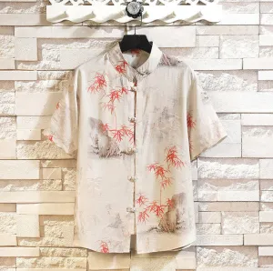 Buddha Stones Summer Bamboo Butterfly Pattern Frog-button Design Men's Shirt Jacket