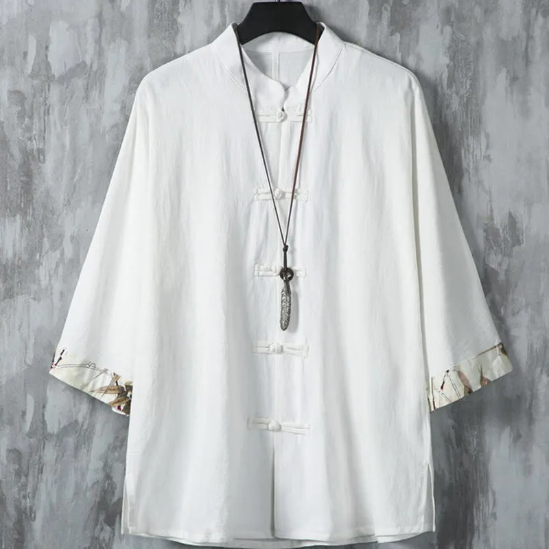 Buddha Stones Summer Plain Chinese Frog-button Patchwork Design Cotton Linen Men's Shirt Jacket