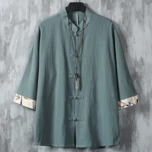Buddha Stones Summer Plain Chinese Frog-button Patchwork Design Cotton Linen Men's Shirt Jacket
