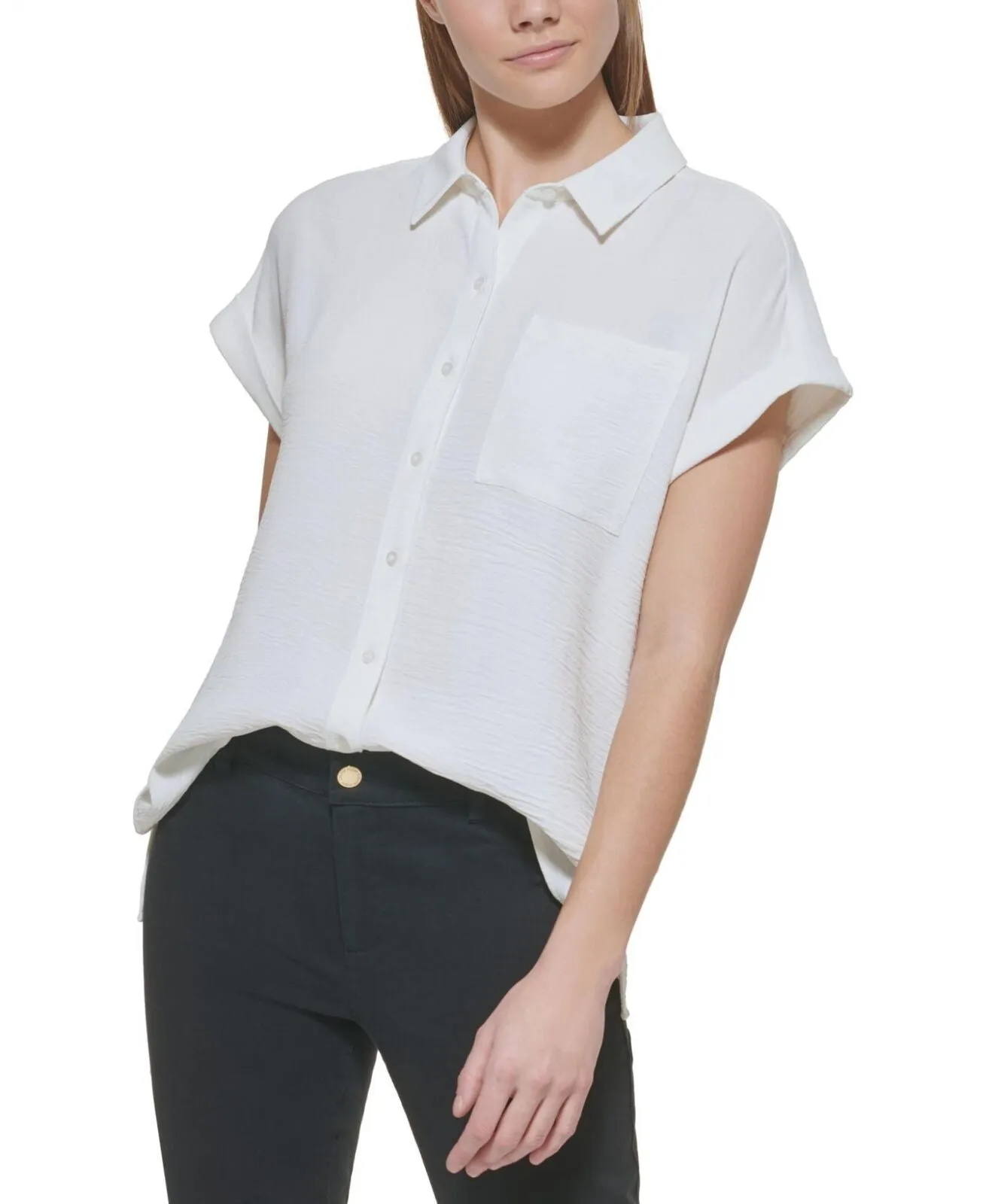 Calvin Klein Womens Short Sleeve Button Down Shirt M2TA8554 Soft White XL