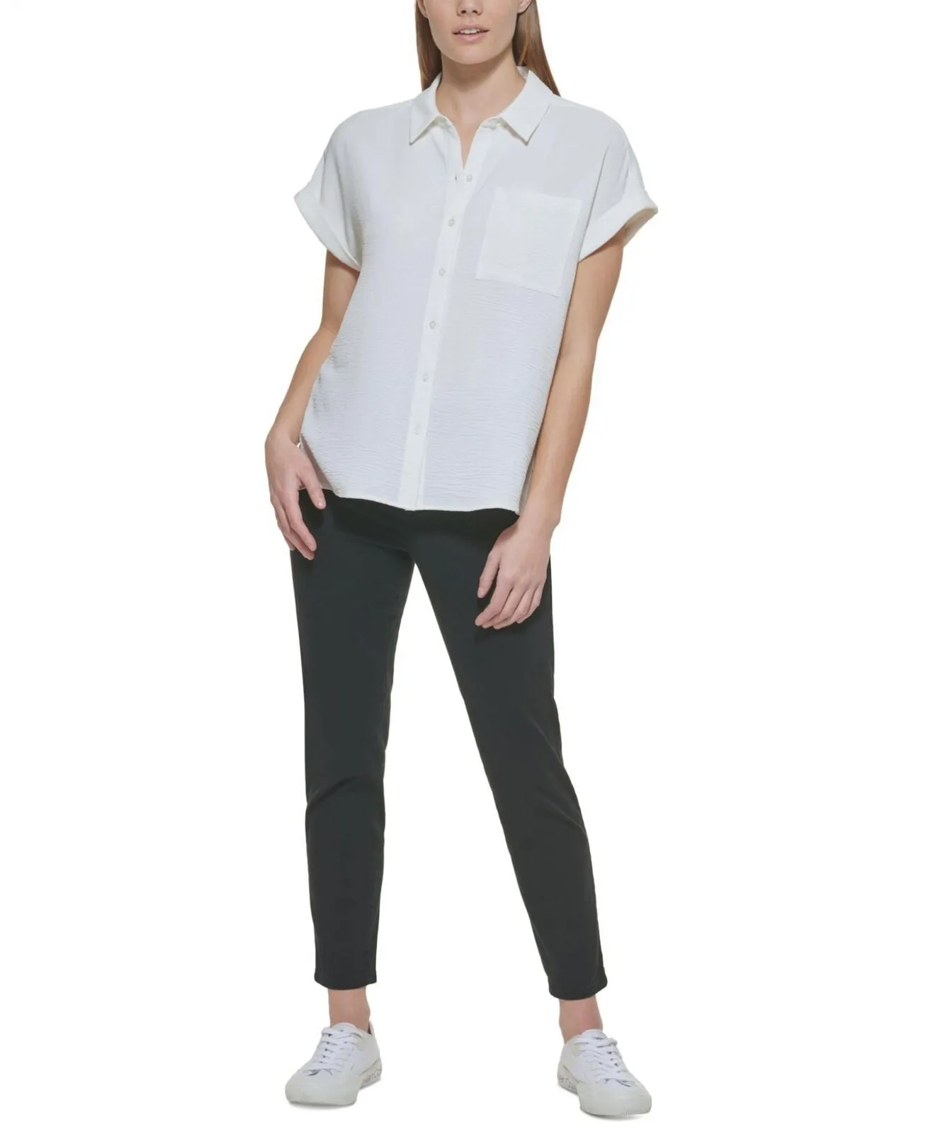 Calvin Klein Womens Short Sleeve Button Down Shirt M2TA8554 Soft White XL