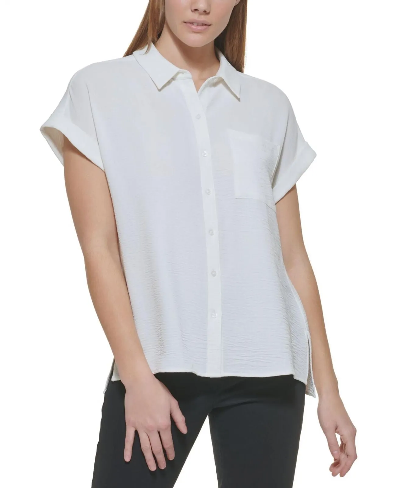 Calvin Klein Womens Short Sleeve Button Down Shirt M2TA8554 Soft White XL