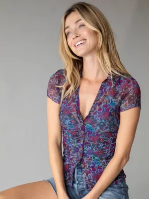 Carina Mesh Short Sleeve Top - Dark Purple Daisies