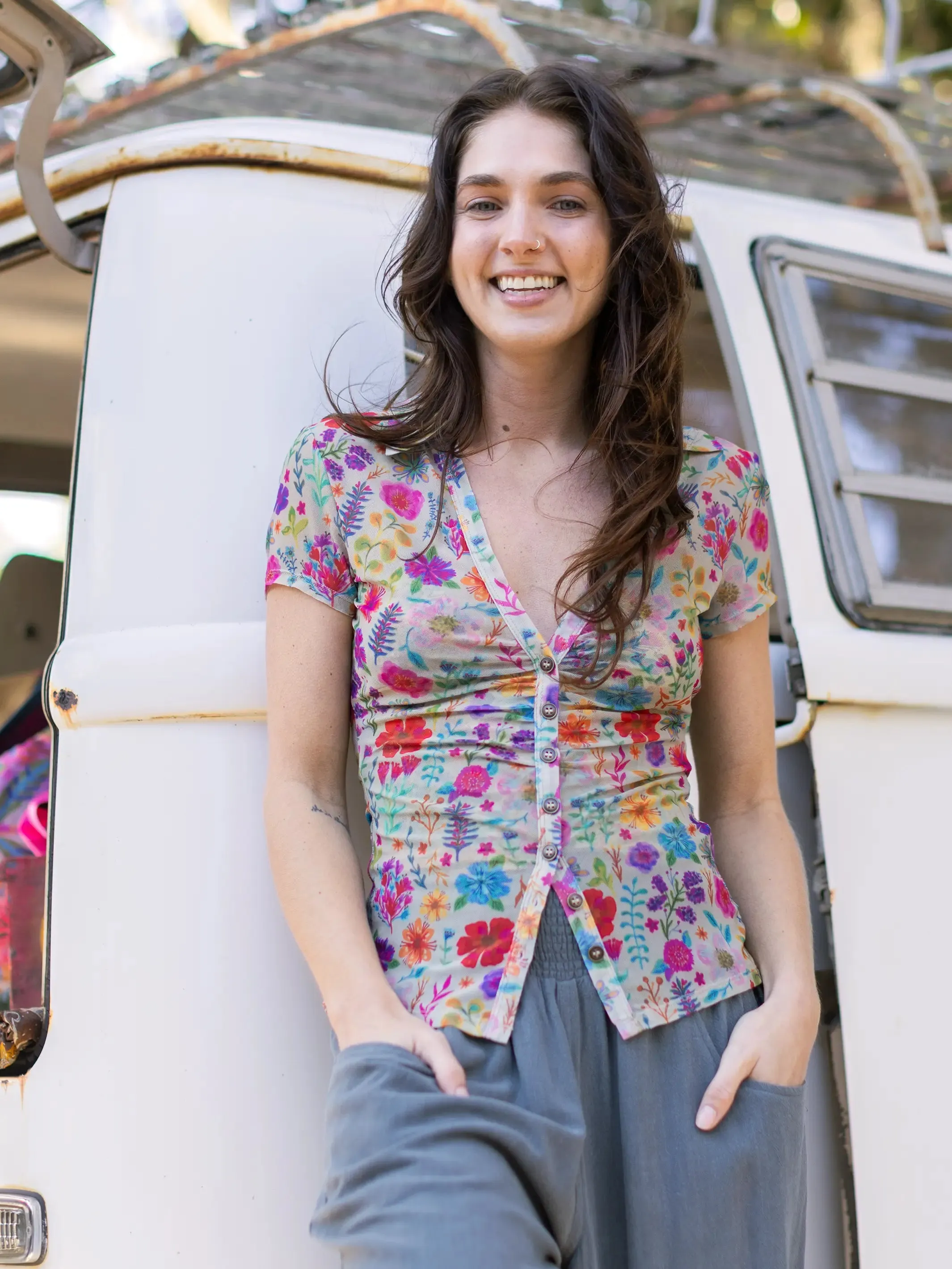 Carina Mesh Short Sleeve Top - Rainbow Garden Cream