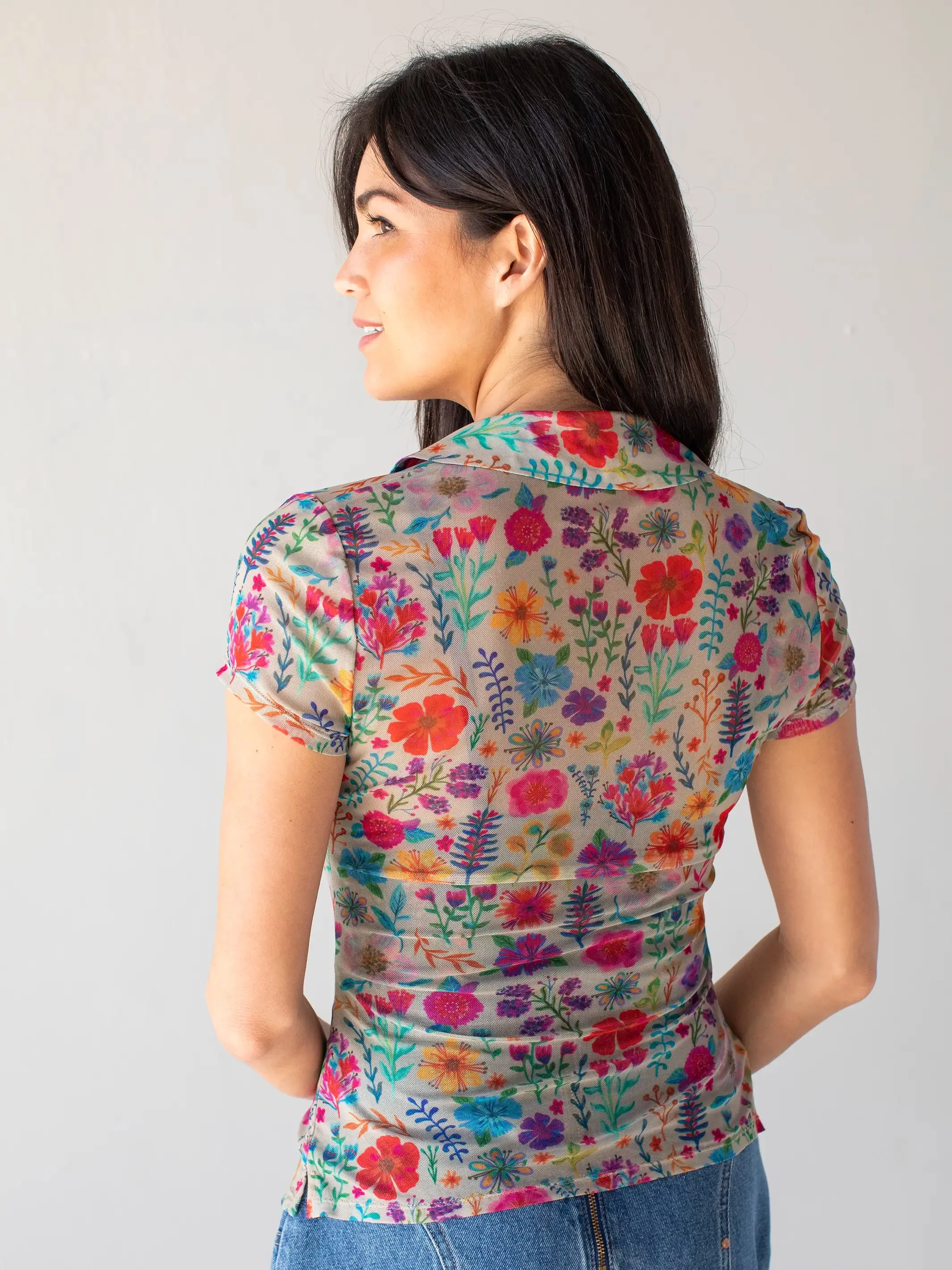 Carina Mesh Short Sleeve Top - Rainbow Garden Cream