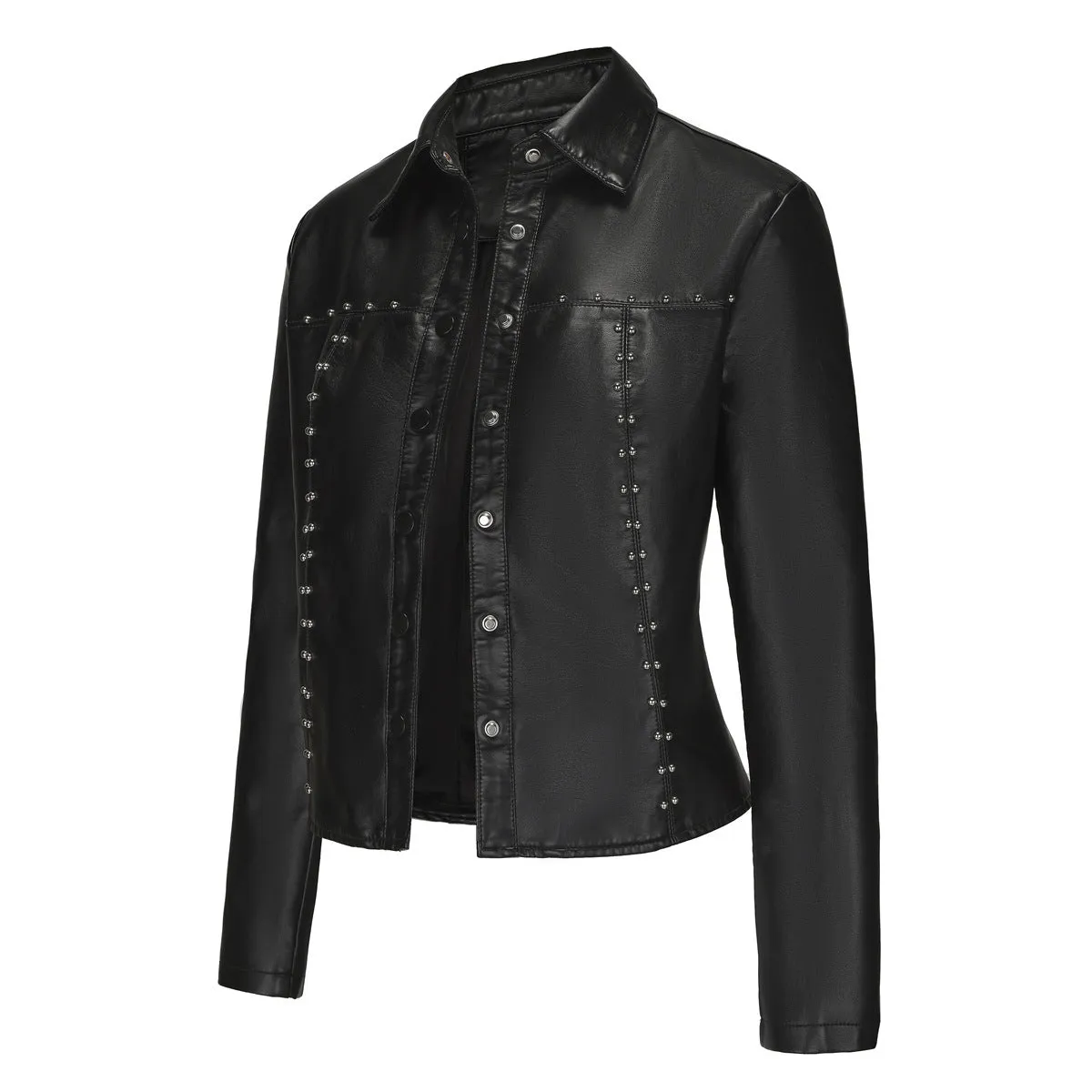Casual Short Rivets Thin Leather Jacket