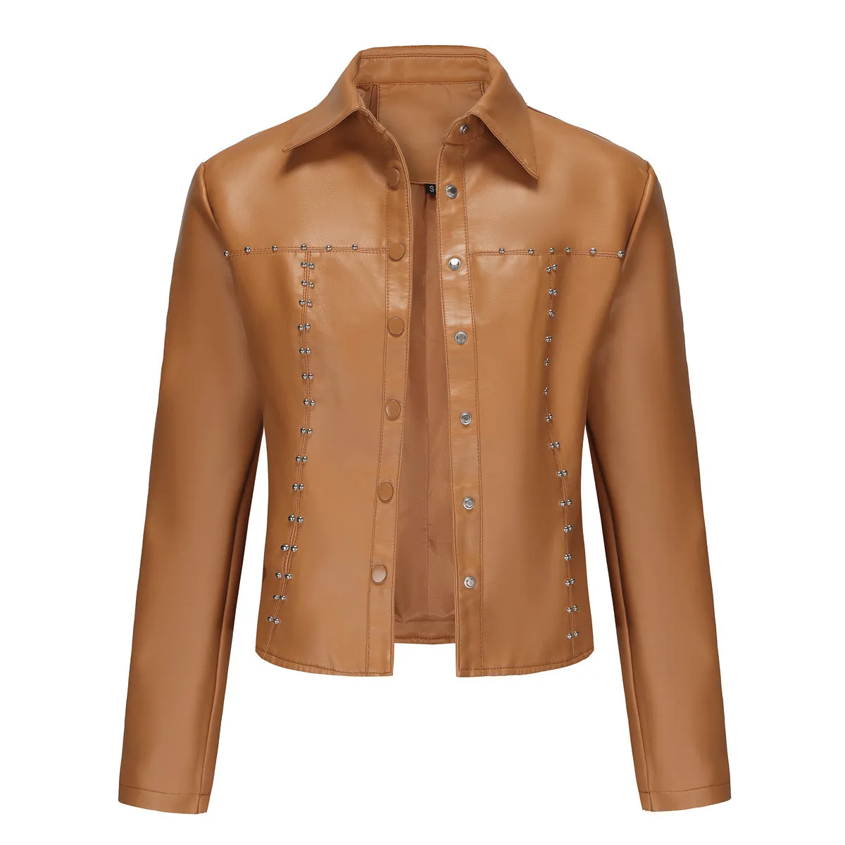 Casual Short Rivets Thin Leather Jacket