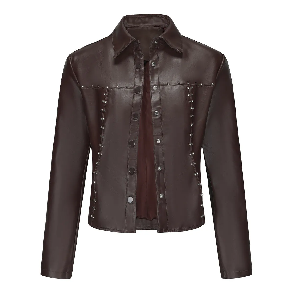 Casual Short Rivets Thin Leather Jacket