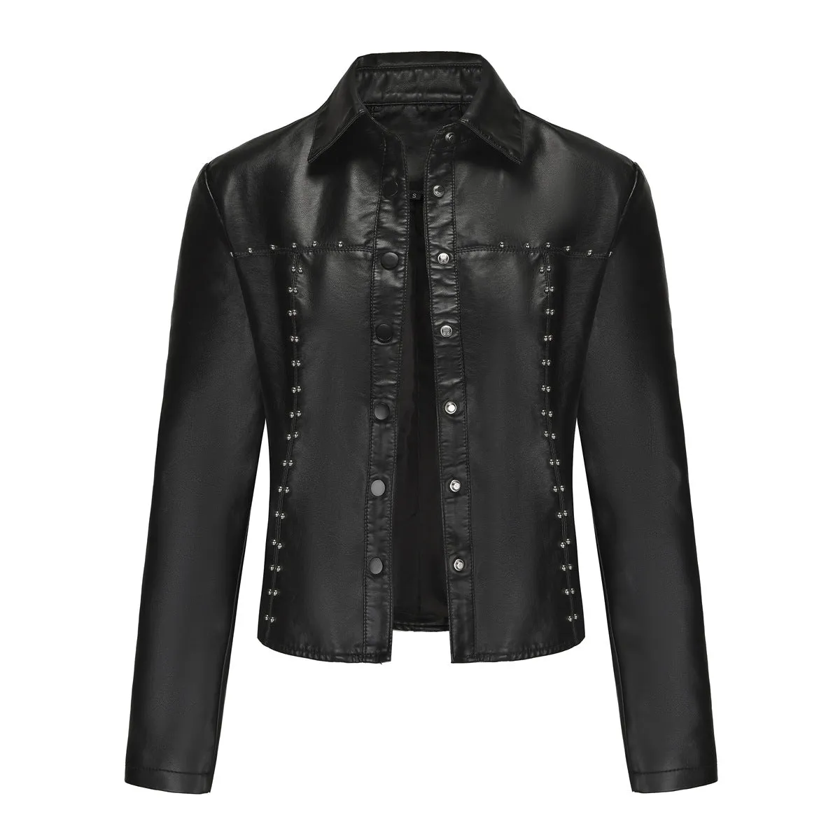 Casual Short Rivets Thin Leather Jacket