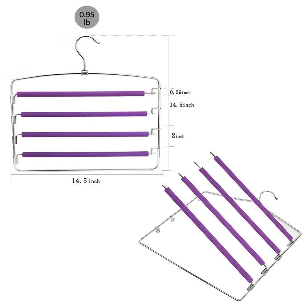 Clothes Pants Hangers 2pack - Multi Layers Metal Pant Slack Hangers,Foam Padded Swing Arm Pants Hangers Closet Storage Organizer for Pants Jeans Scarf Hanging (Purple-4pack)