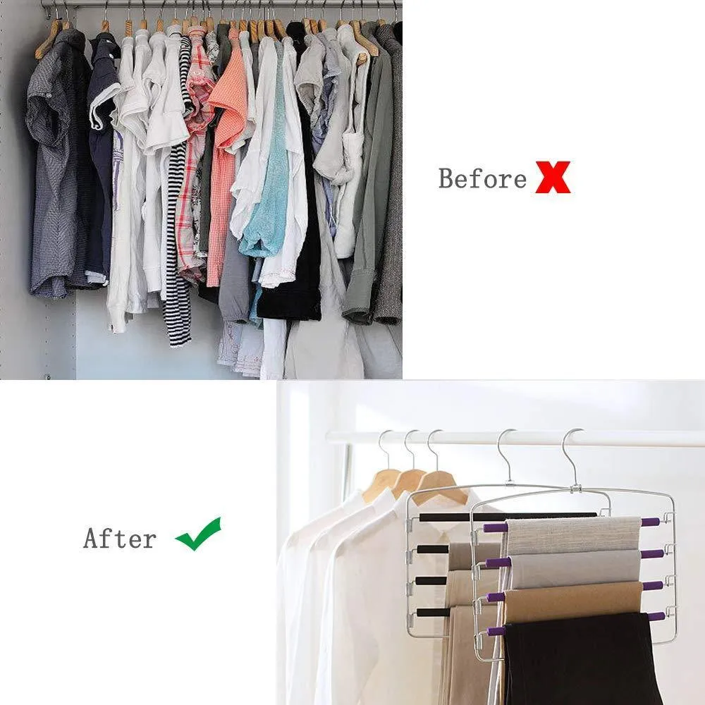 Clothes Pants Hangers 2pack - Multi Layers Metal Pant Slack Hangers,Foam Padded Swing Arm Pants Hangers Closet Storage Organizer for Pants Jeans Scarf Hanging (Purple-4pack)