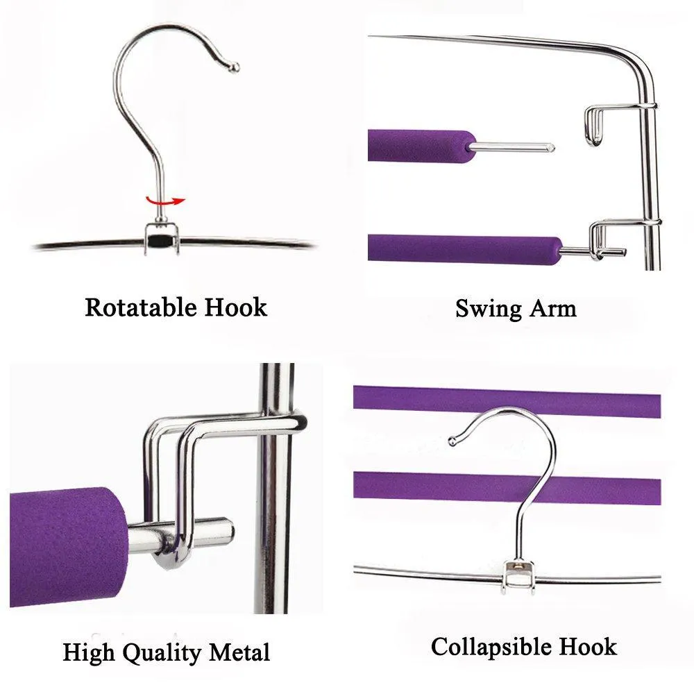 Clothes Pants Hangers 2pack - Multi Layers Metal Pant Slack Hangers,Foam Padded Swing Arm Pants Hangers Closet Storage Organizer for Pants Jeans Scarf Hanging (Purple-4pack)