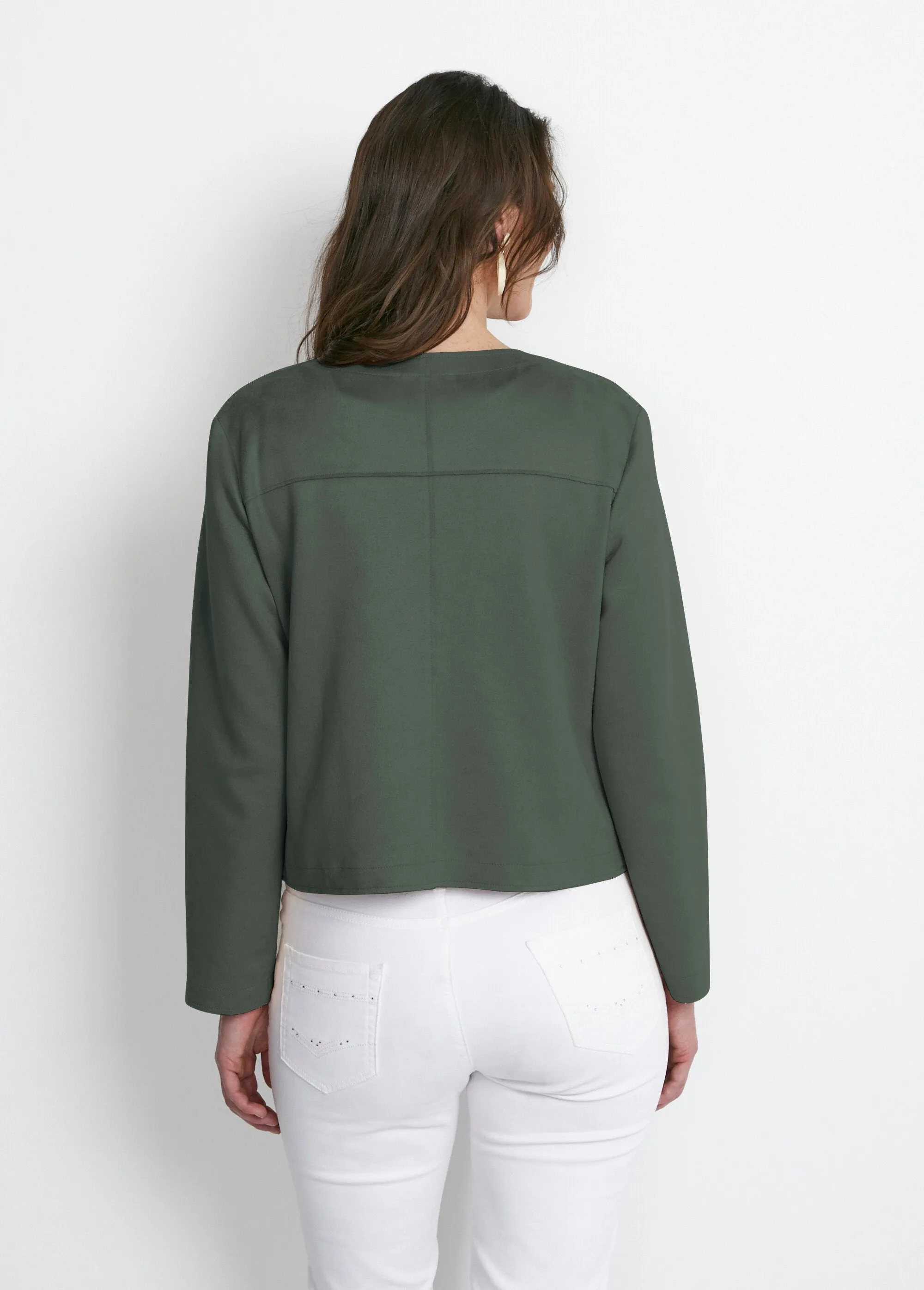 Collarless suede jacket
