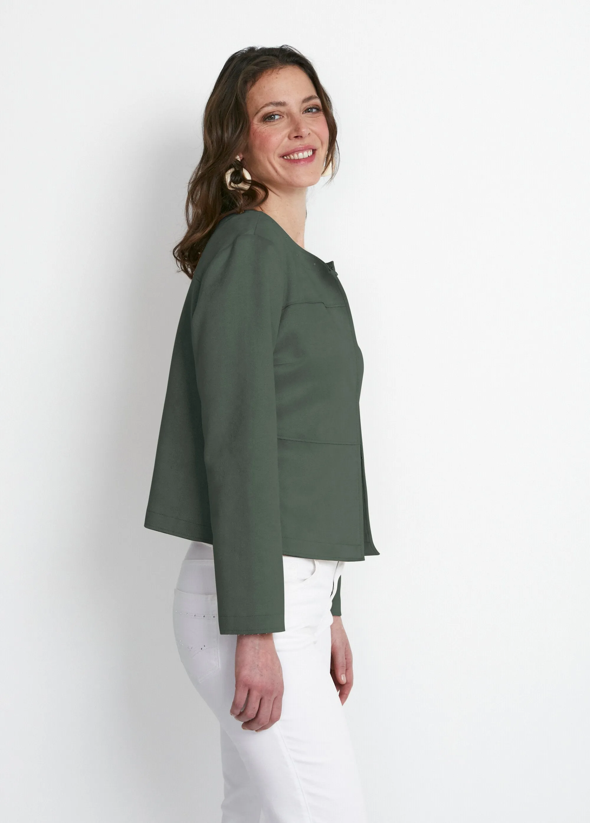Collarless suede jacket