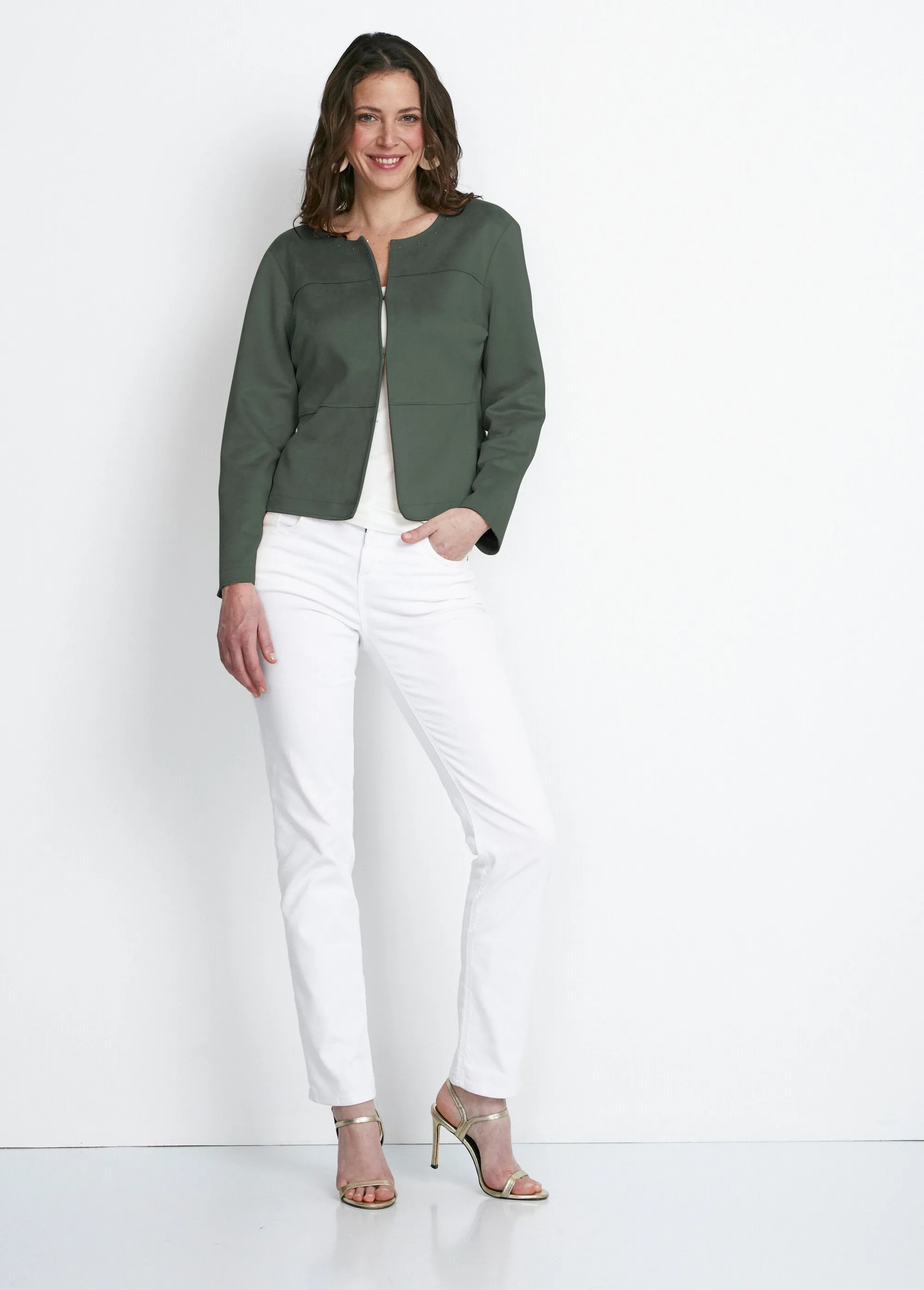Collarless suede jacket