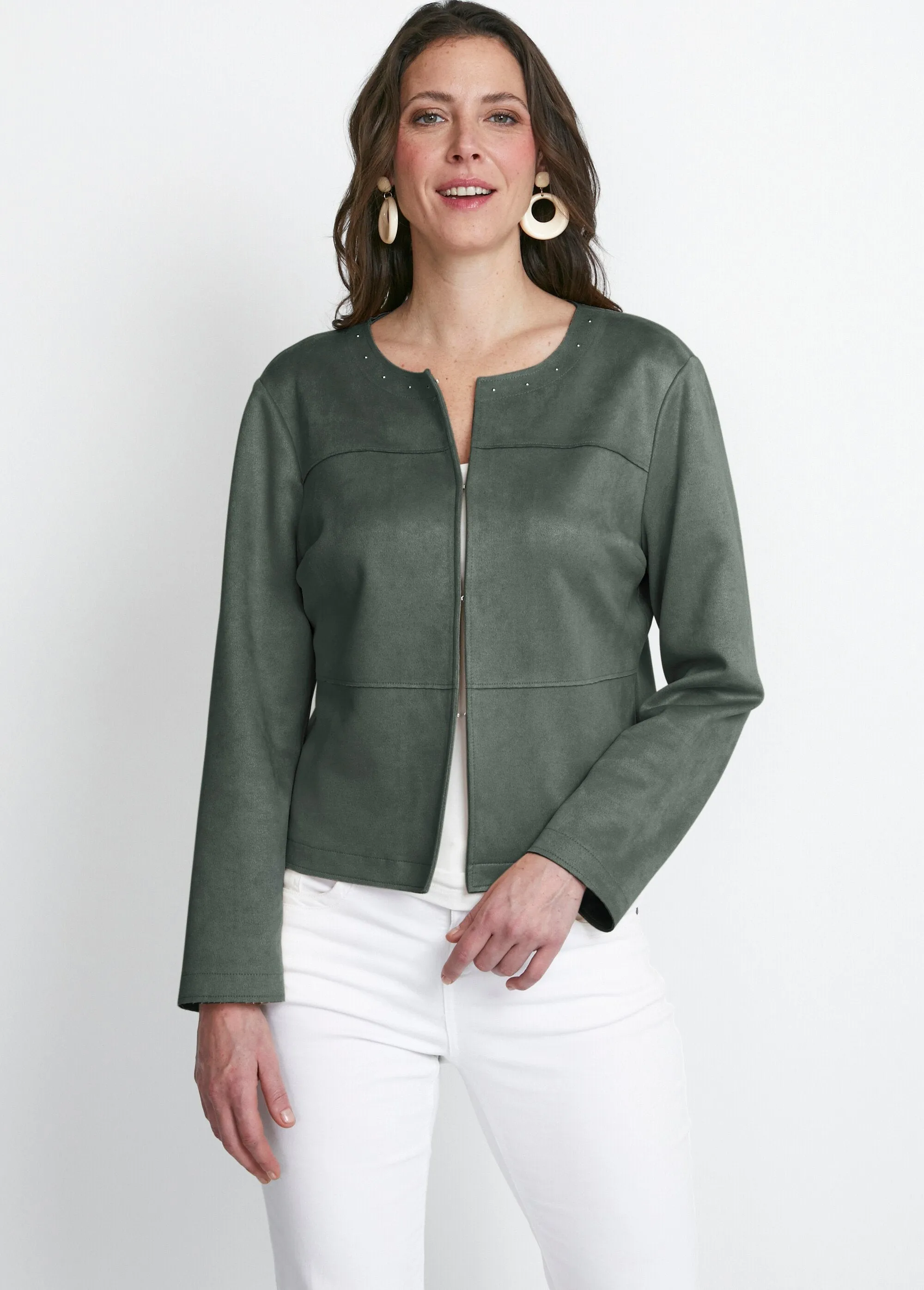 Collarless suede jacket