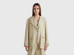 Comfortable Fit Lapel Neck Unlined Pure Linen Beige Jacket