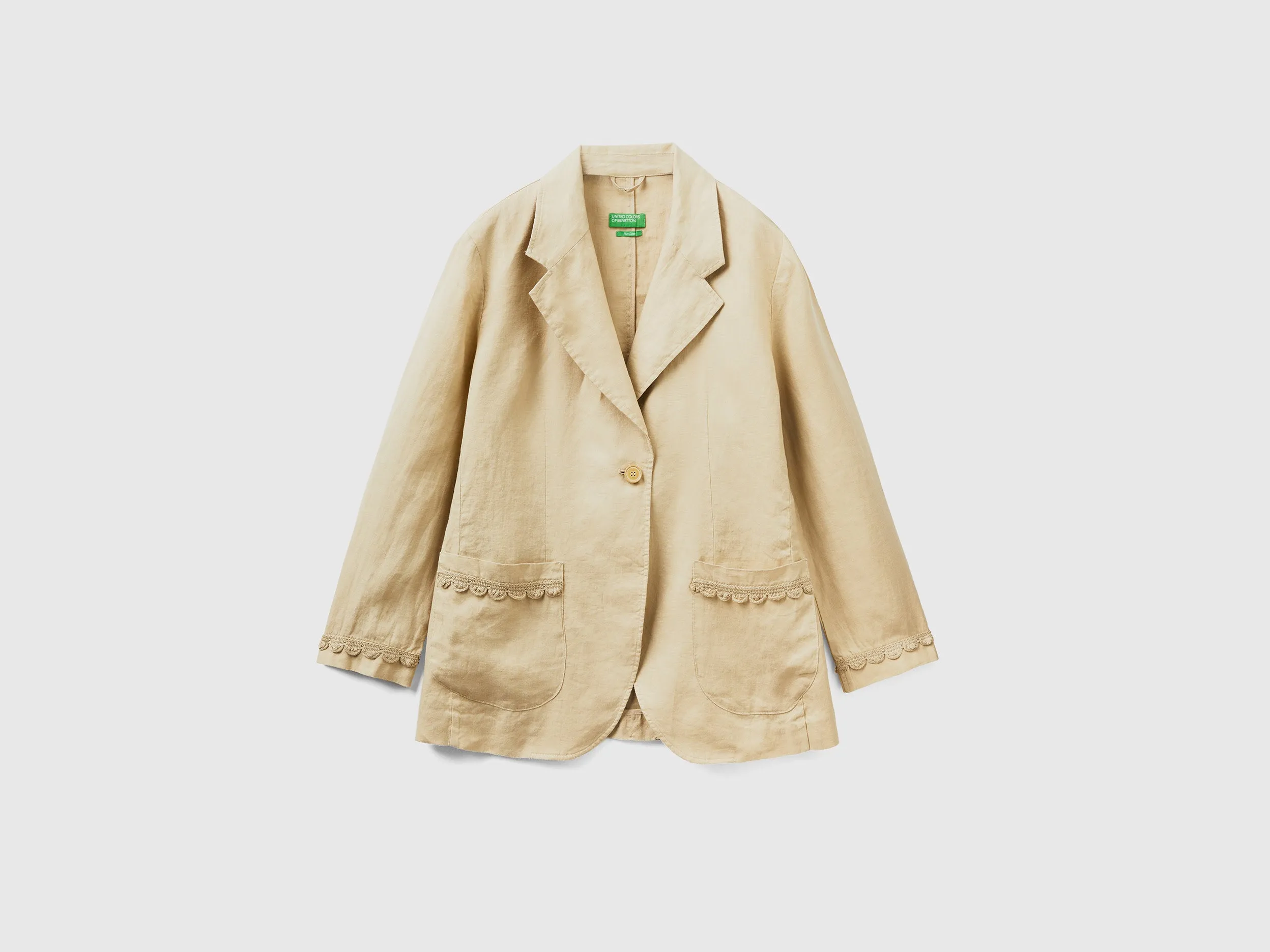 Comfortable Fit Lapel Neck Unlined Pure Linen Beige Jacket