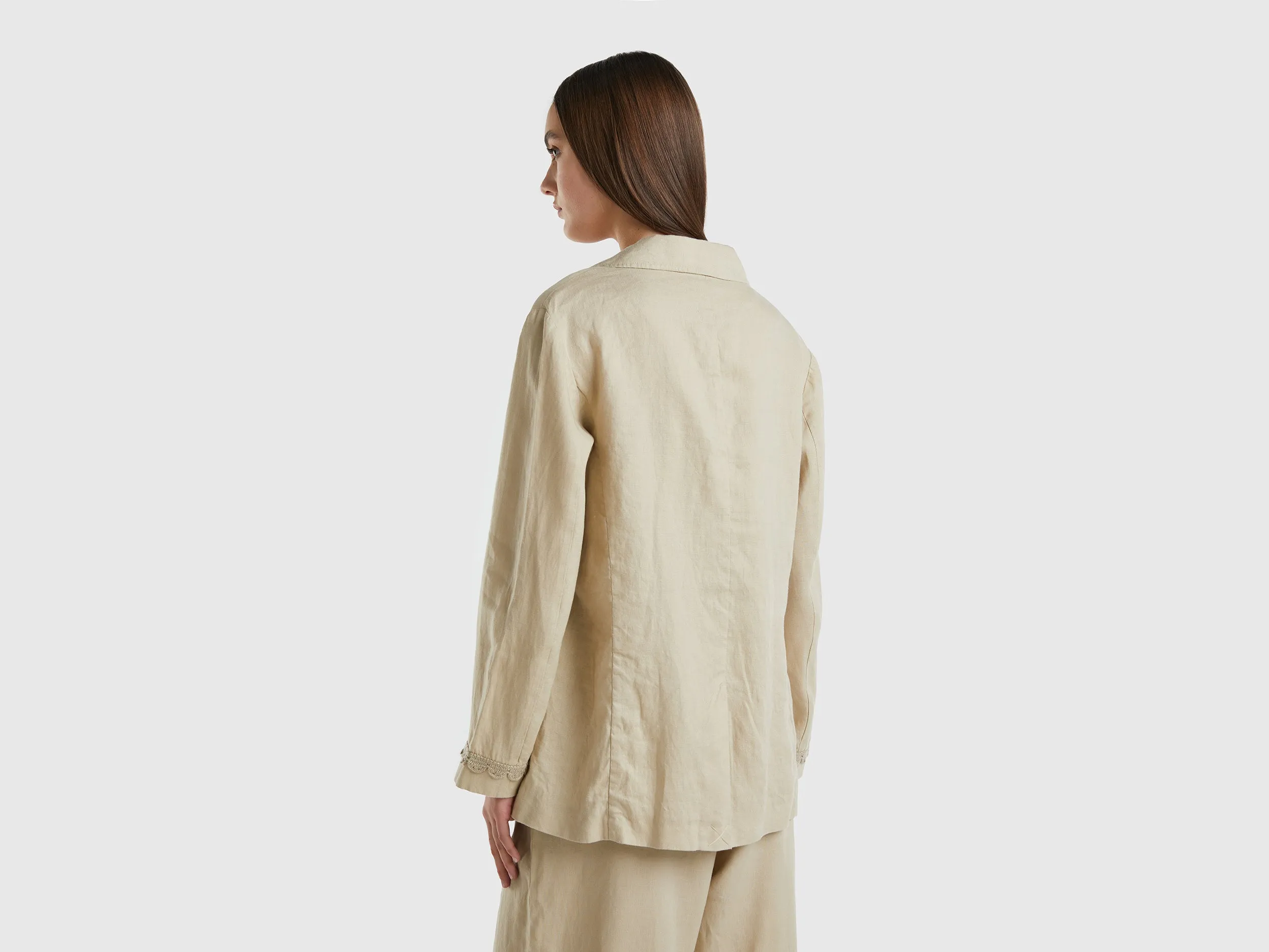 Comfortable Fit Lapel Neck Unlined Pure Linen Beige Jacket