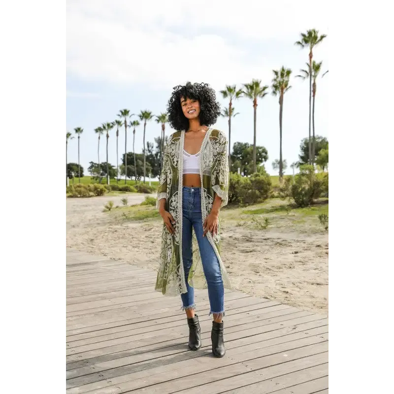 Contrast Mesh Cotton Lace Kimono