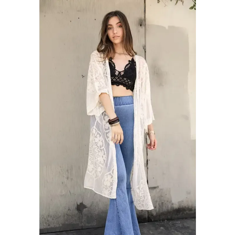 Contrast Mesh Cotton Lace Kimono