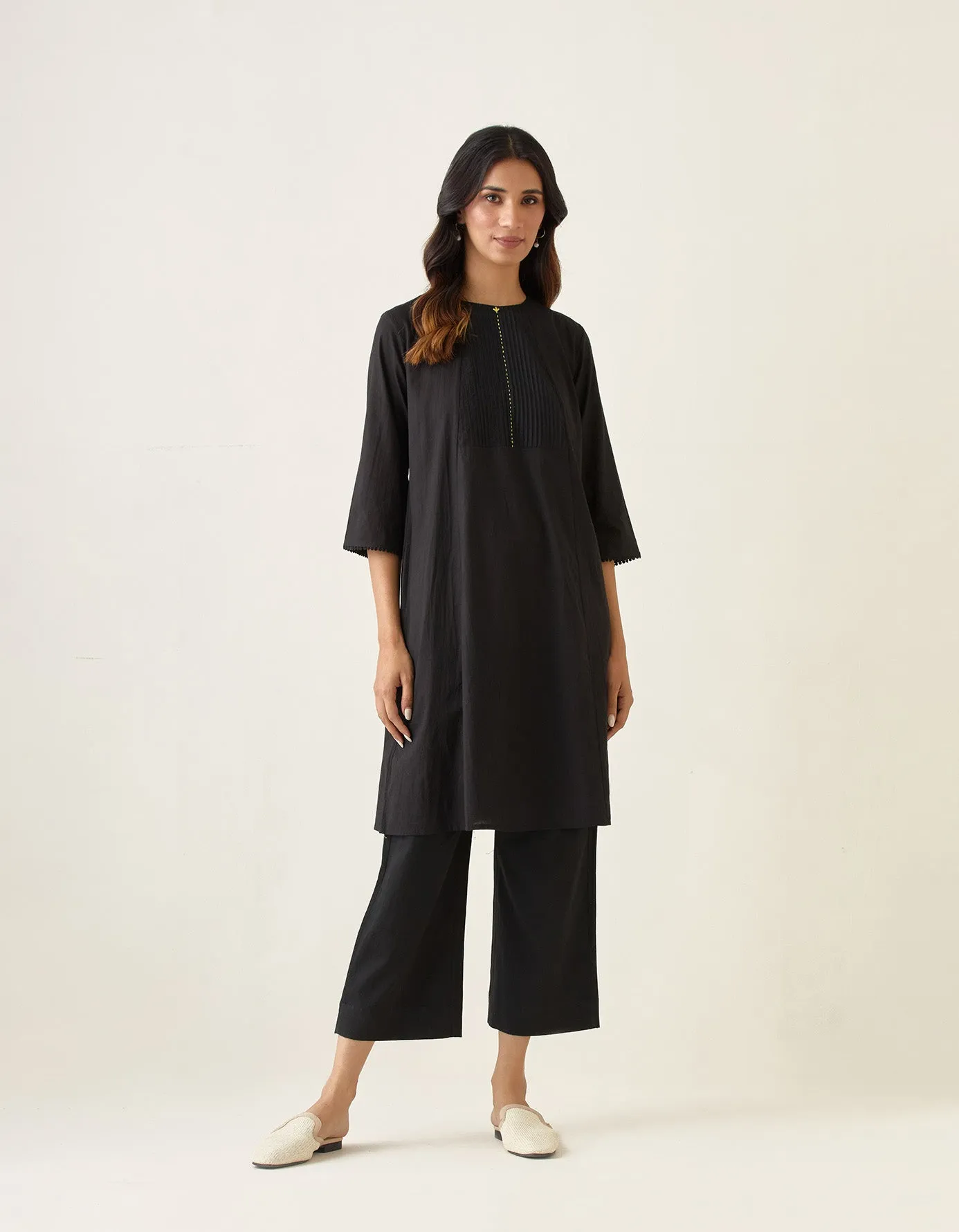 Coordinate Set- A Line Pin tuck Kurta with Pants in Black Cotton (Set of 2)