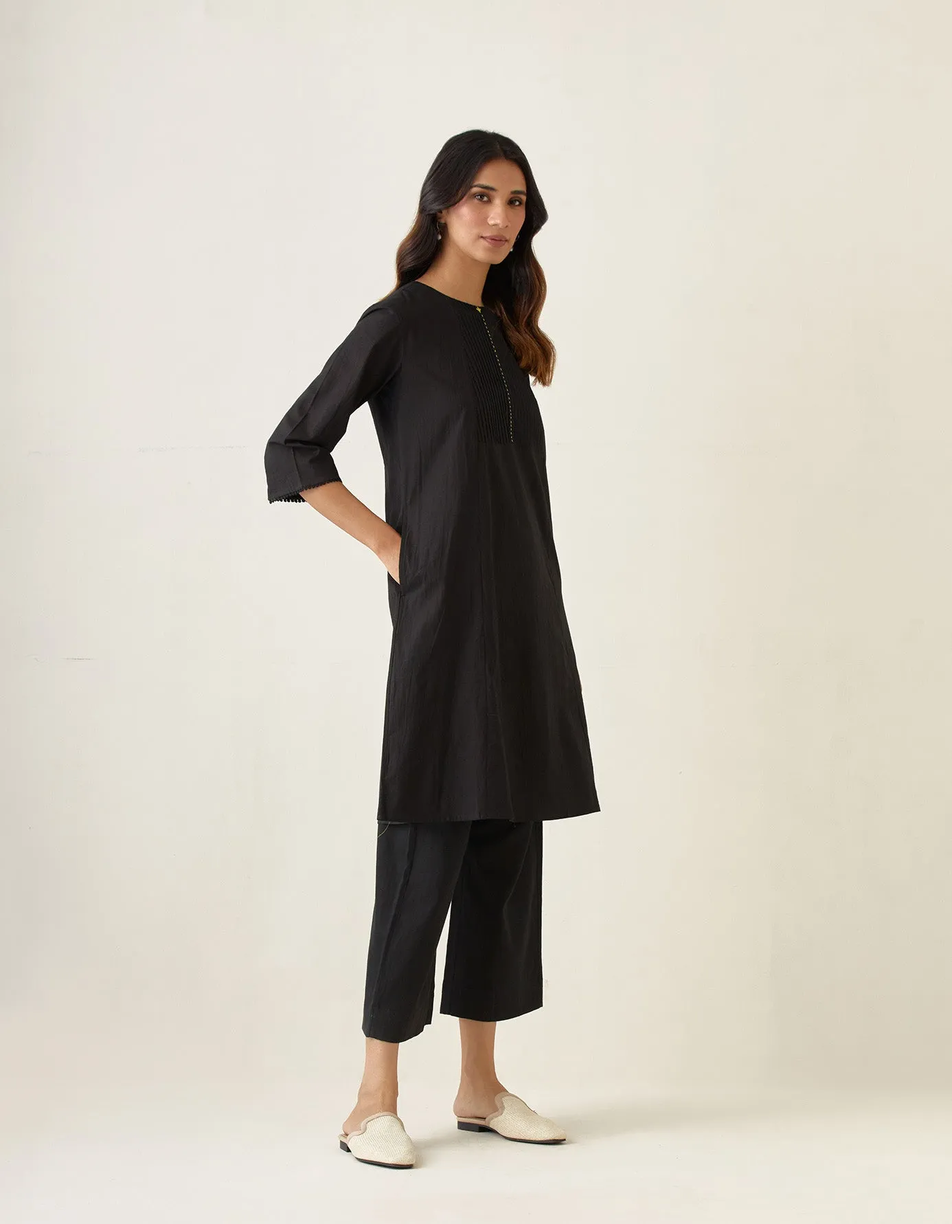 Coordinate Set- A Line Pin tuck Kurta with Pants in Black Cotton (Set of 2)